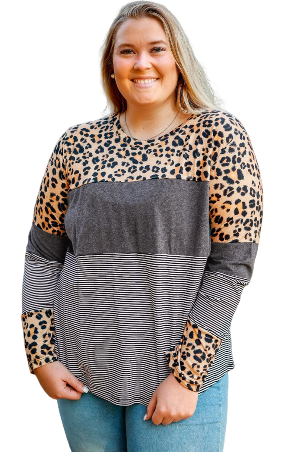 Plus Size Leopard Patchwork Long Sleeve Tee