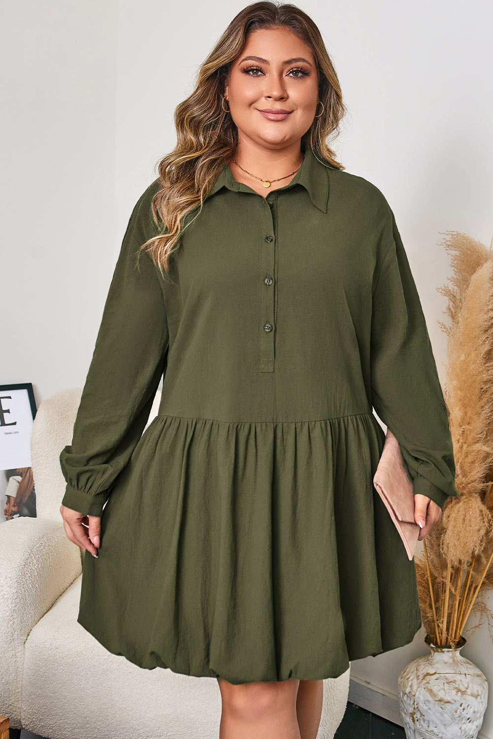 Plus Size Collar Half Button Long Sleeve Mini Dress - Plus Size XL-4XL - View 4