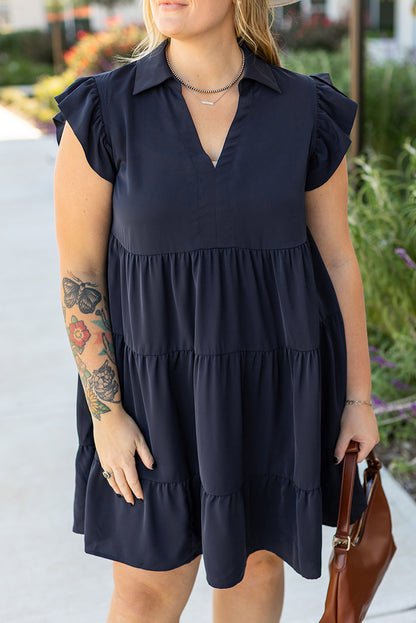 Plus Size Collared V Neck Flutter Sleeve Tiered Dress - Plus Size XL-4XL - View 8