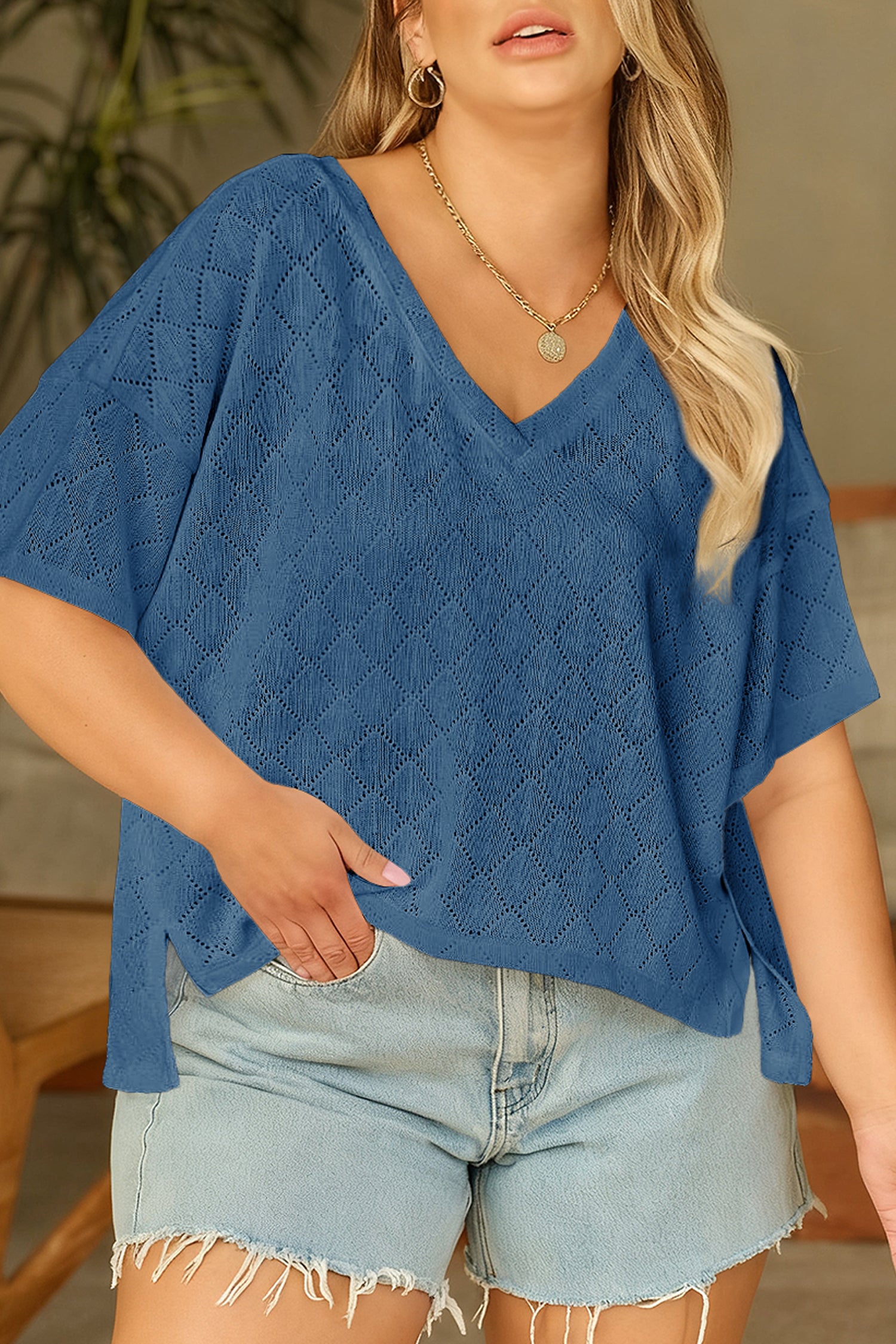 Plus Size Pointelle Rhombus Knit V-Neck Loose Top - Plus Size XL-4XL - View 13