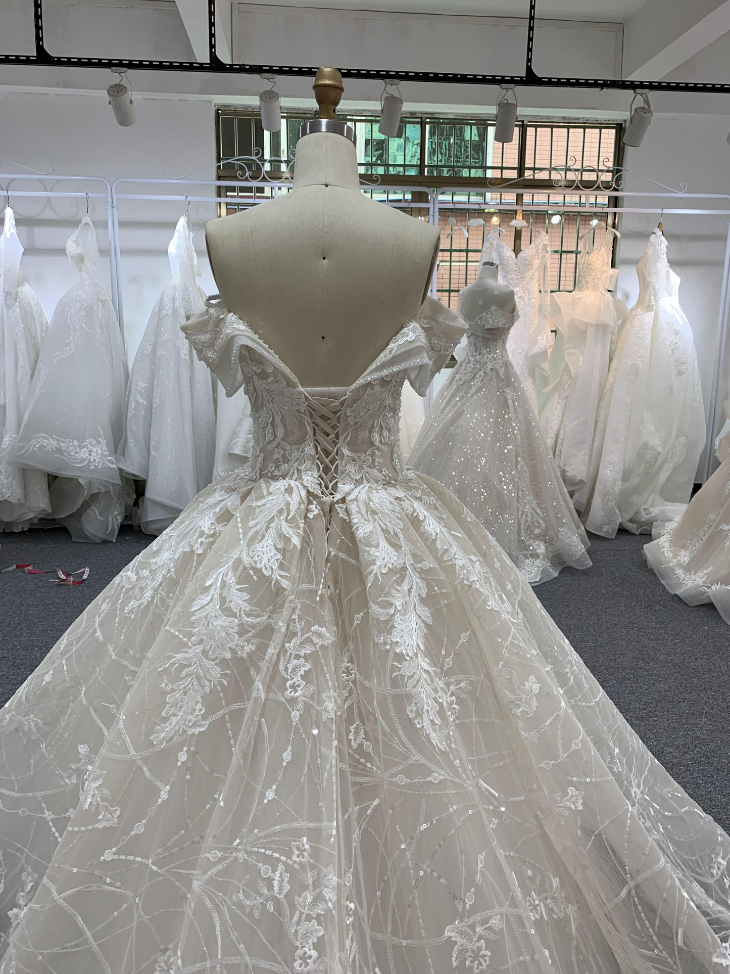 BYG beautiful full lace off the shoulder champagne wedding gown Ball gown wedding dress BYG Wedding Factory 