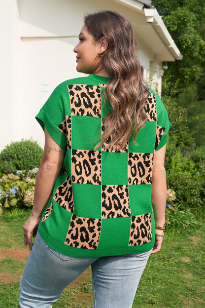 Plus Size Leopard Checkered Short Sleeve Sweater - Plus Size Clothing