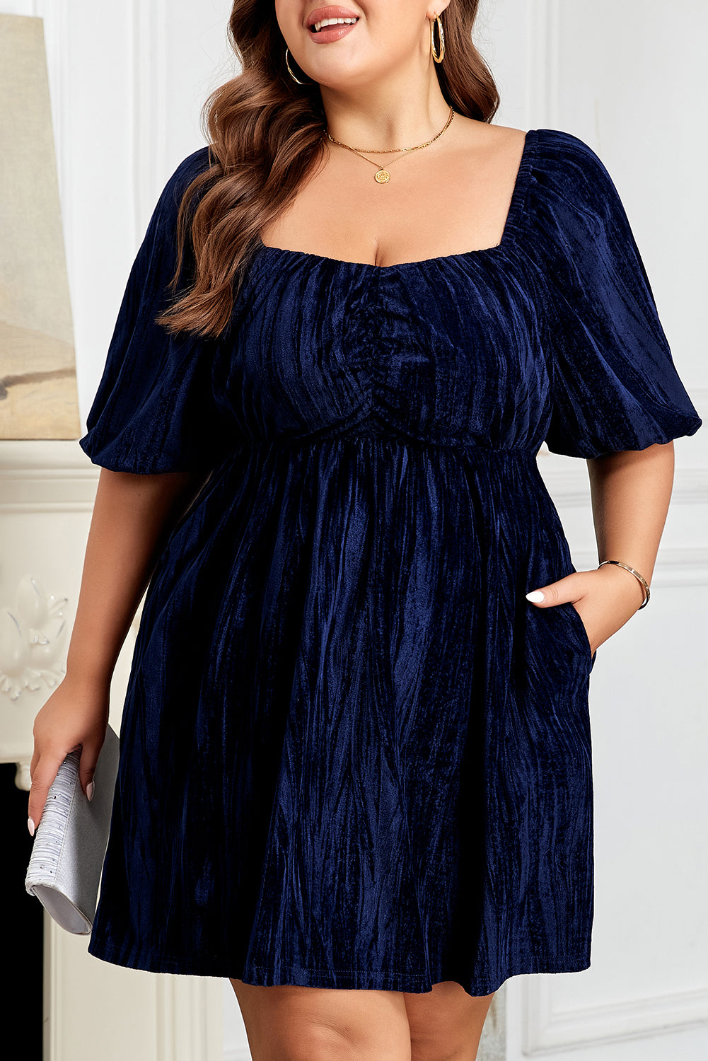 Plus Size Velvet Ruched Square Neck Puff Sleeve Dress - Plus Size XL-4XL - View 7