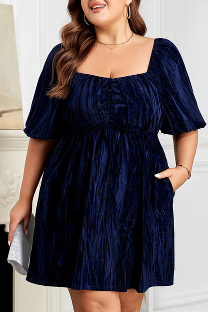 Plus Size Velvet Ruched Square Neck Puff Sleeve Dress - Plus Size XL-4XL - View 7
