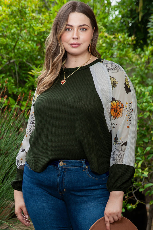Plus Size Floral Raglan Colorblock Patchwork Knit Blouse