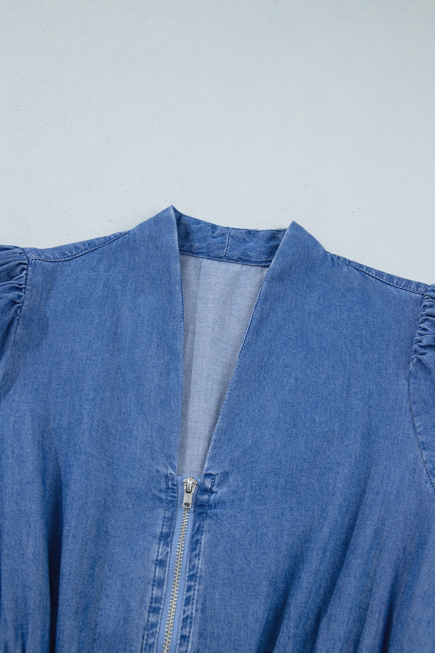 Plus Size V Neck Shirred Waist Denim Midi Dress - Plus Size Clothing
