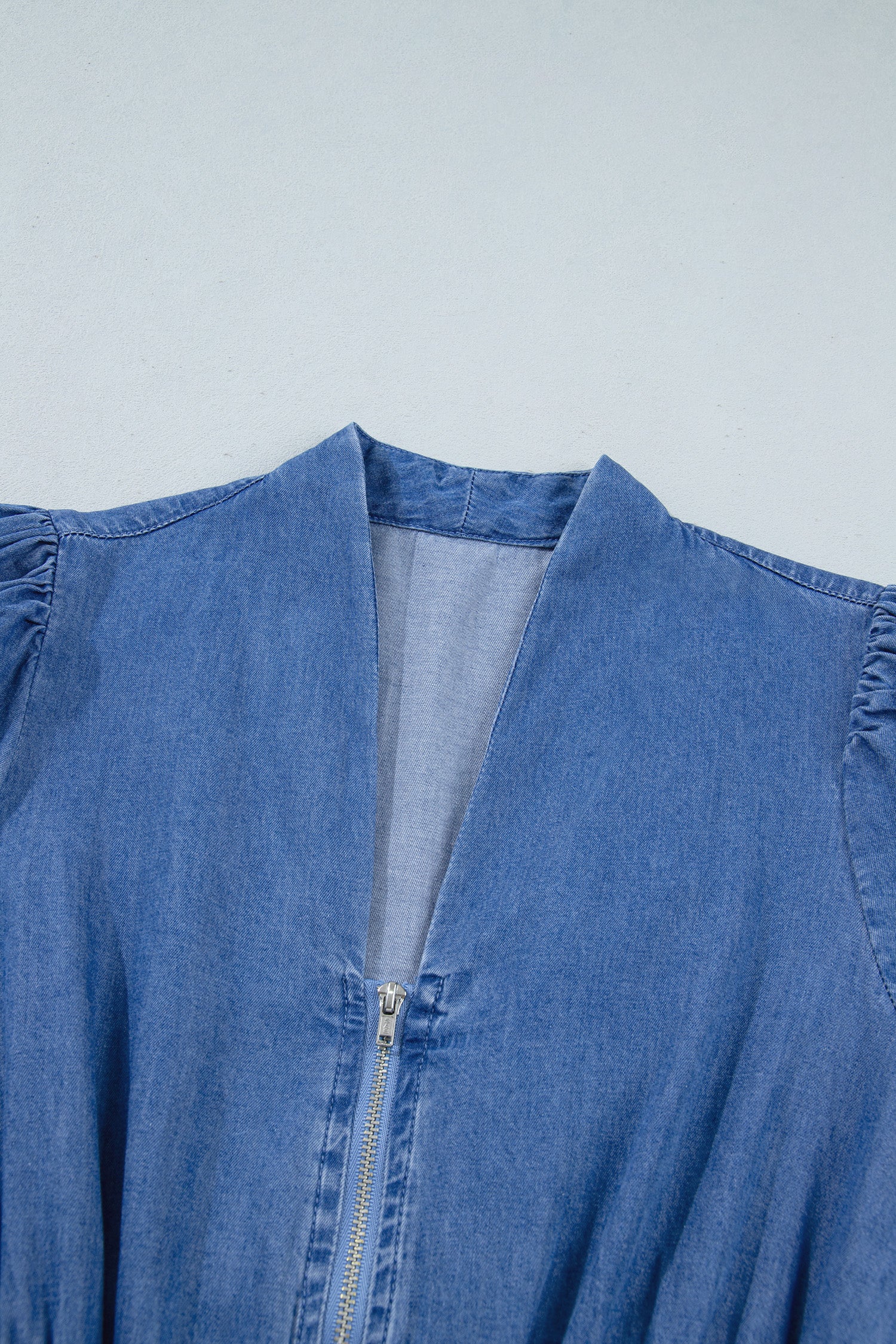 Plus Size V Neck Shirred Waist Denim Midi Dress - Plus Size Clothing
