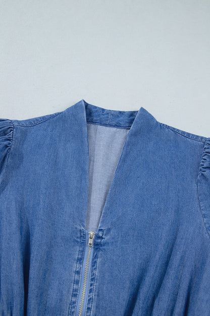 Plus Size V Neck Shirred Waist Denim Midi Dress - Plus Size Clothing