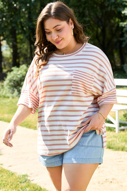 Plus Size Striped Waffle Knit Pocketed T Shirt - Plus Size Clothing