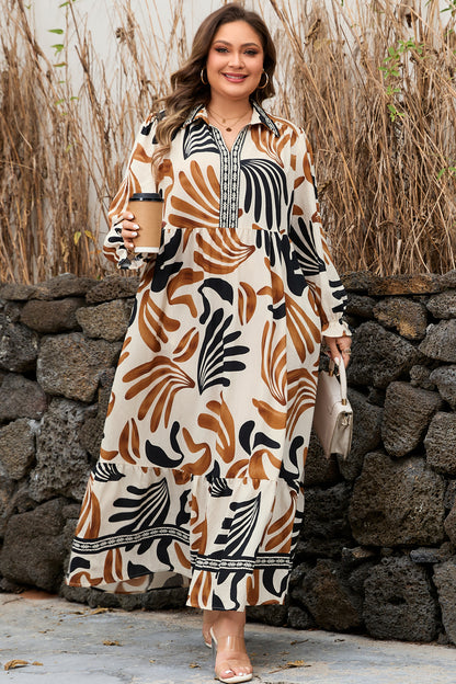 Plus Size Abstract Print Contrast Collar Shift Dress - Plus Size XL-4XL - View 1
