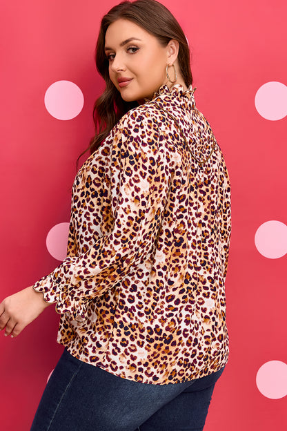 Plus Size Leopard Frilled Stand Neck Blouse - Plus Size Clothing