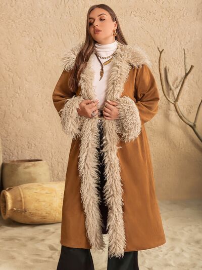 Plus Size Furry Trim Open Front Coat - Plus Size XL-4XL - View 3