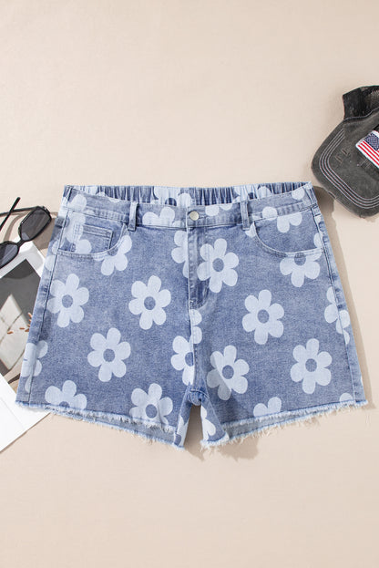 Plus Size Blue Floral High Waist Denim Shorts - Plus Size XL-4XL - View 6
