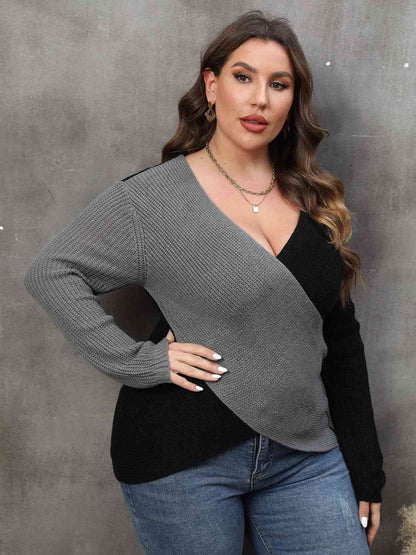 plus-size-two-tone-surplice-neck-sweater