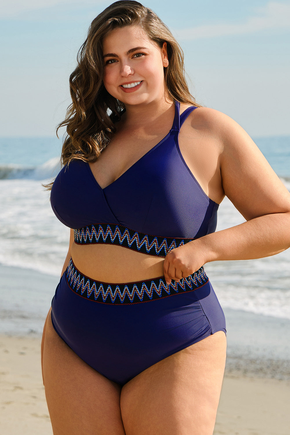 Plus Size High Waisted Embroidered Trim Wrap Bikini
