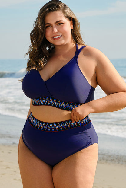 Plus Size High Waisted Embroidered Trim Wrap Bikini