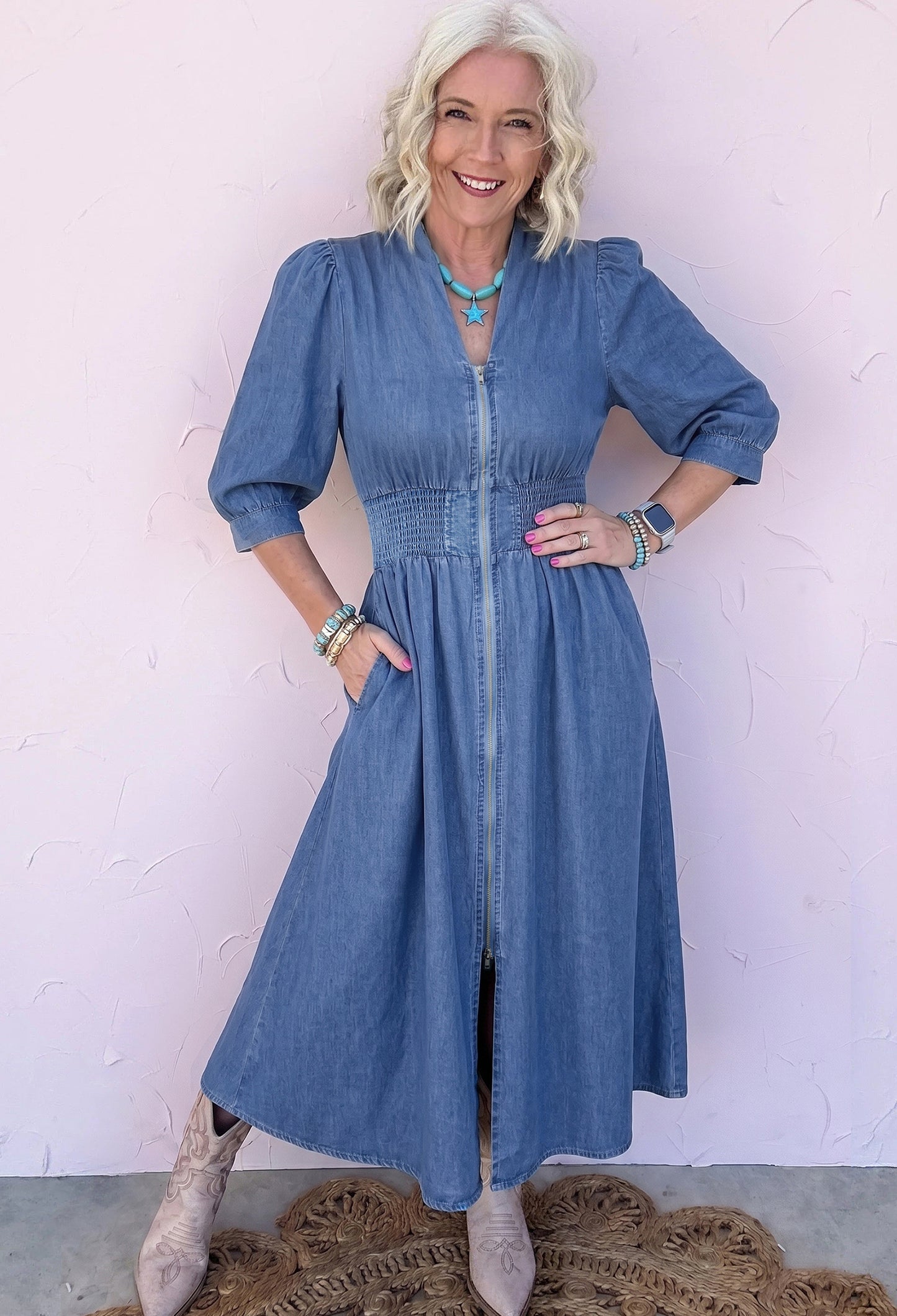Plus Size V Neck Shirred Waist Denim Midi Dress