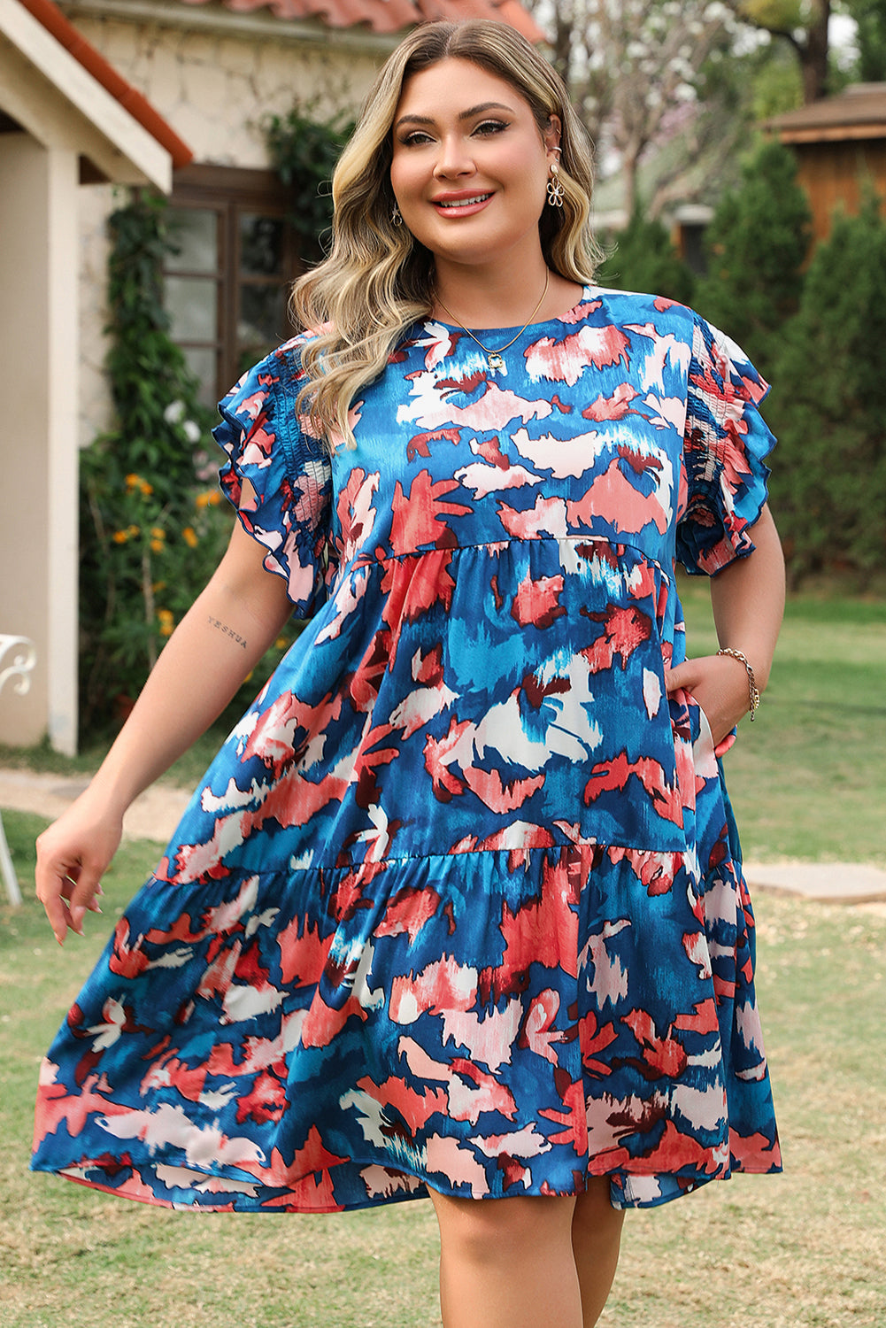 Plus Size Blue Abstract Shirred Ruffled Tiered Mini Dress - Plus Size XL-4XL - View 4