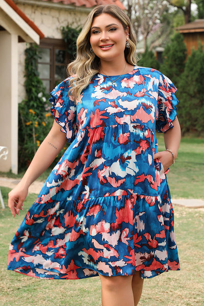 Plus Size Blue Abstract Shirred Tiered Mini Dress - Plus Size XL-4XL - View 4