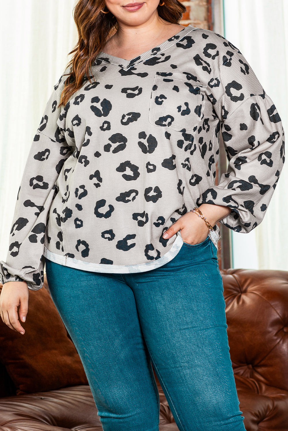 Plus Size Leopard Balloon Sleeve Thermal Top