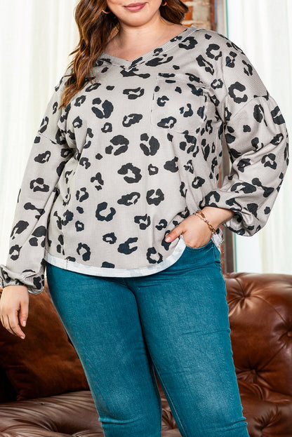 Plus Size Leopard Balloon Sleeve Thermal Top