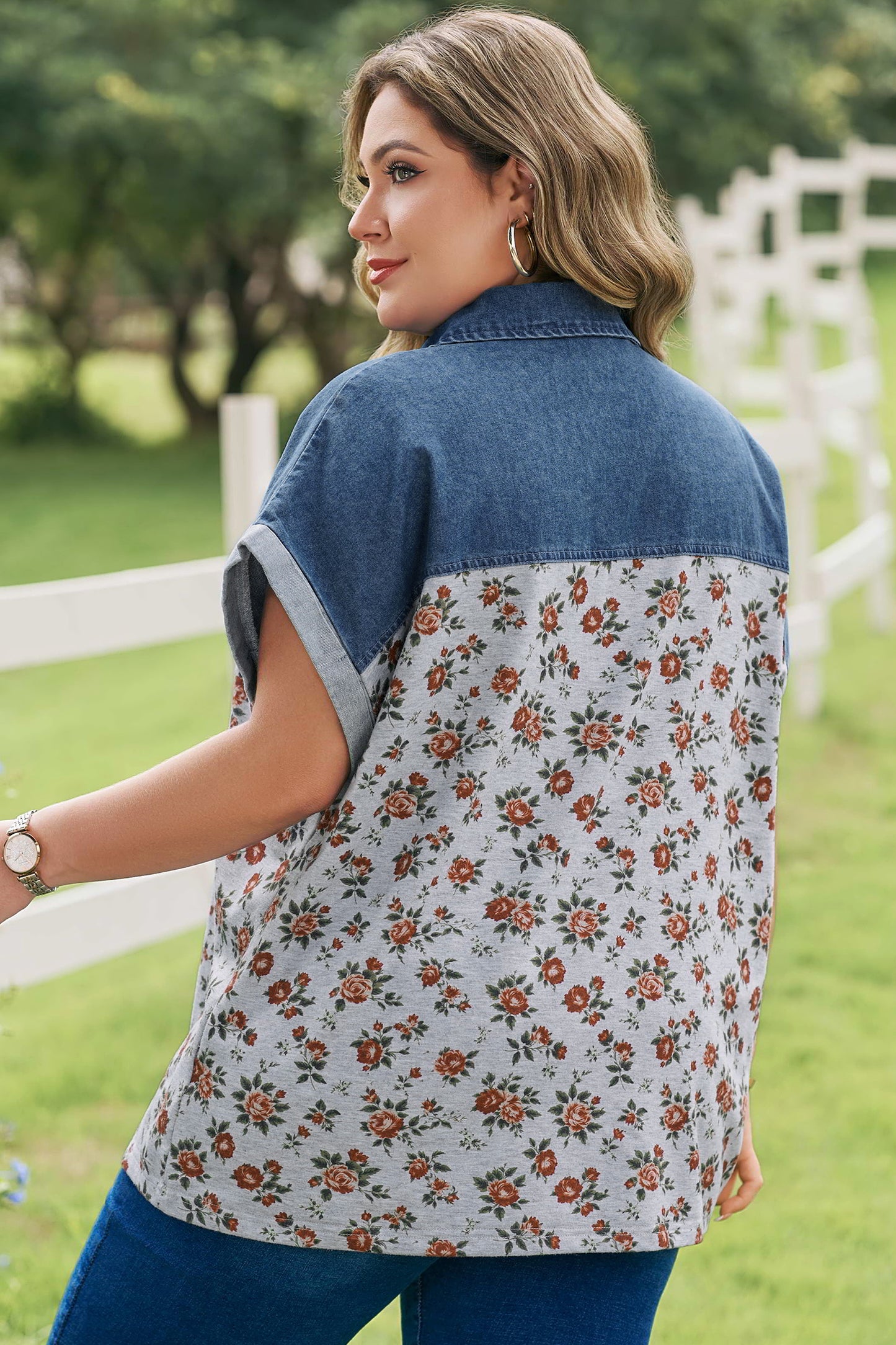 Plus Size Retro Floral Denim Patchwork Polo Tee — back view