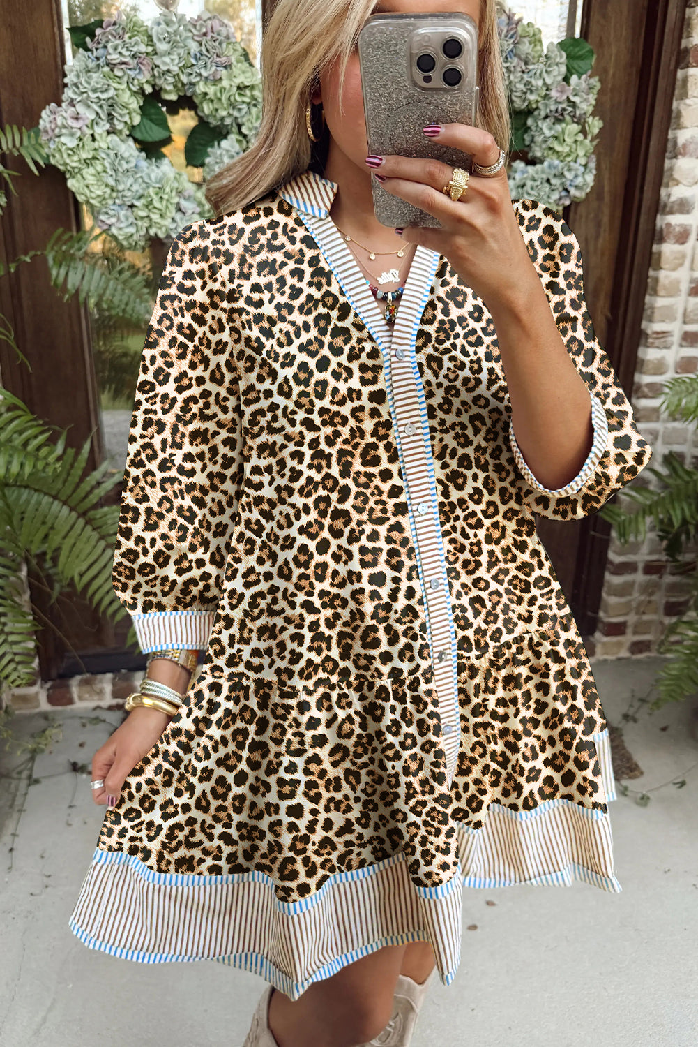 Plus Size Leopard Print Striped Trim V Neck Drop Waist Mini Dress - Plus Size XL-4XL - View 8