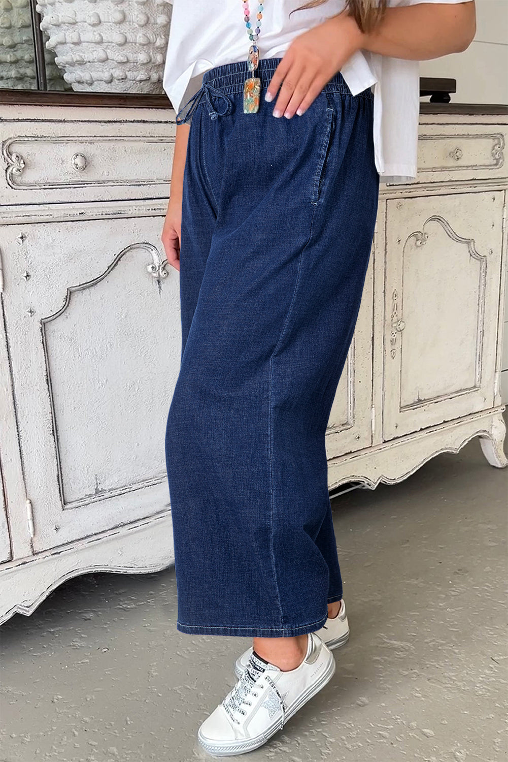 Plus Size Drawstring High Waist Wide Leg Jeans