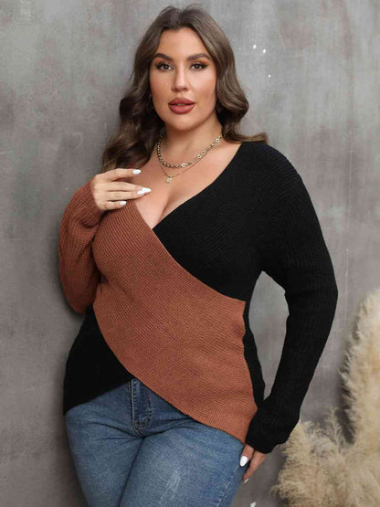 plus-size-two-tone-surplice-neck-sweater