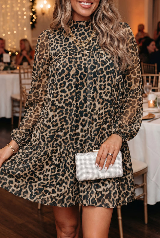 Plus Size Leopard Print Long Sleeve Shift Dress - Plus Size XL-4XL - View 1