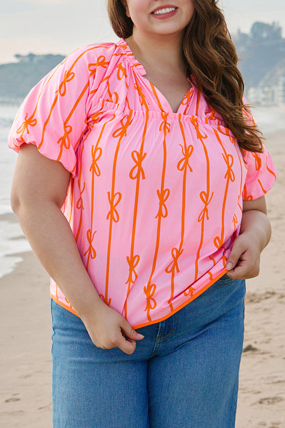 Plus Size Bowknot Print Shirred V Neck Puff Sleeve Blouse - Plus Size XL-4XL - View 8