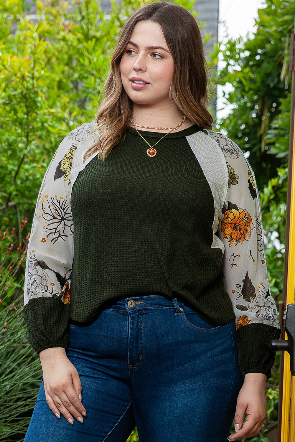 Plus Size Floral Raglan Colorblock Patchwork Knit Blouse