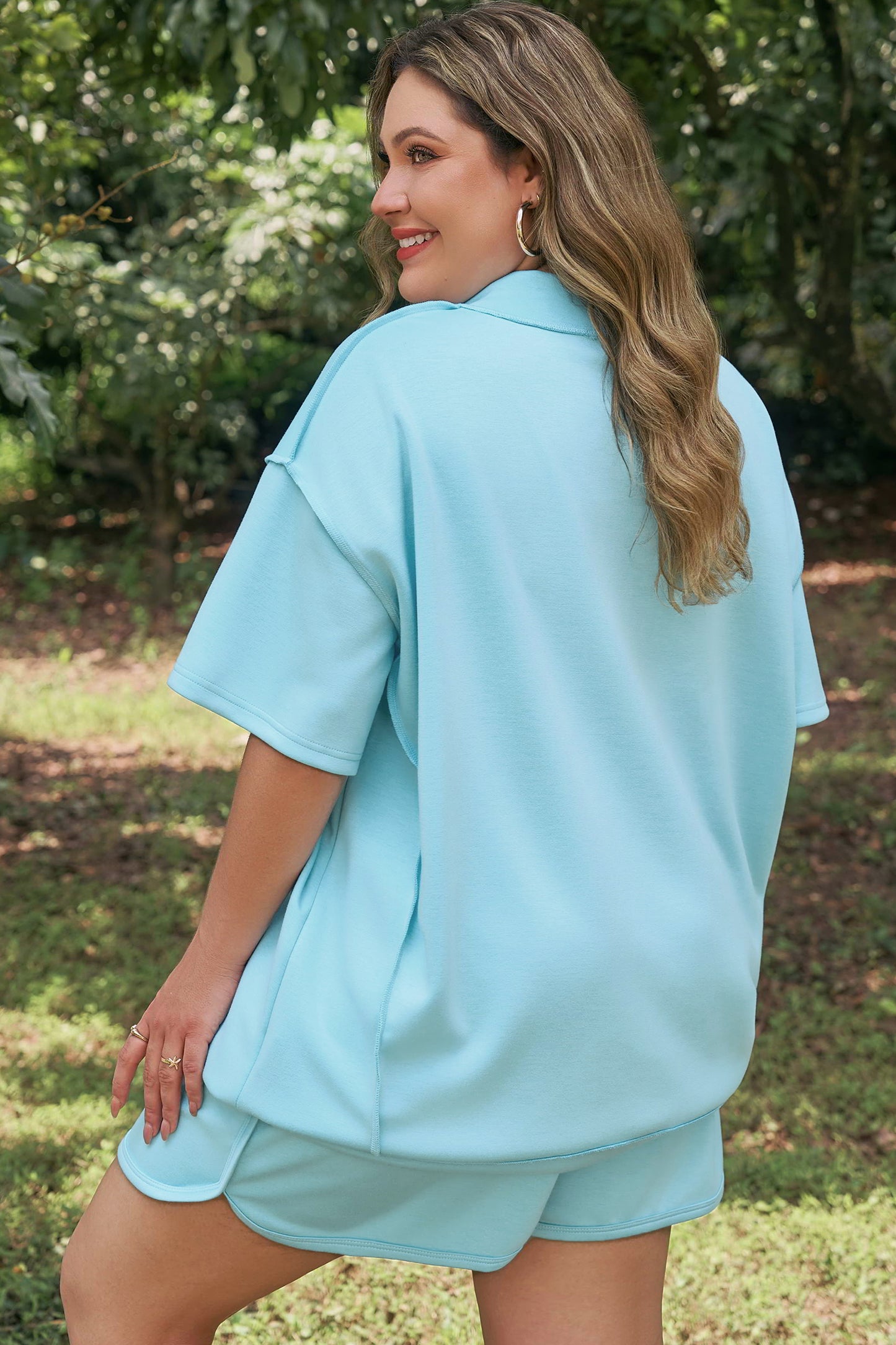 Plus Size Mock Neck Half Sleeve Top 2pcs Short Set