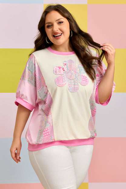 Plus Size Floral Patchwork Embroidery T Shirt - Plus Size Clothing