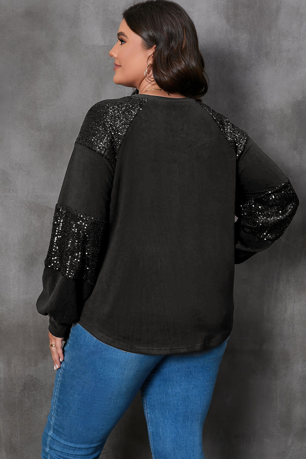 Plus Size Sequin Patchwork Crew Neck Long Sleeve Top