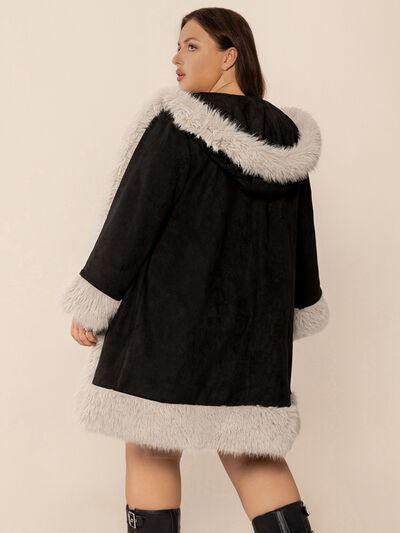 Plus Size Fuzzy Trim Open Front Hooded Coat - Plus Size XL-4XL - View 2