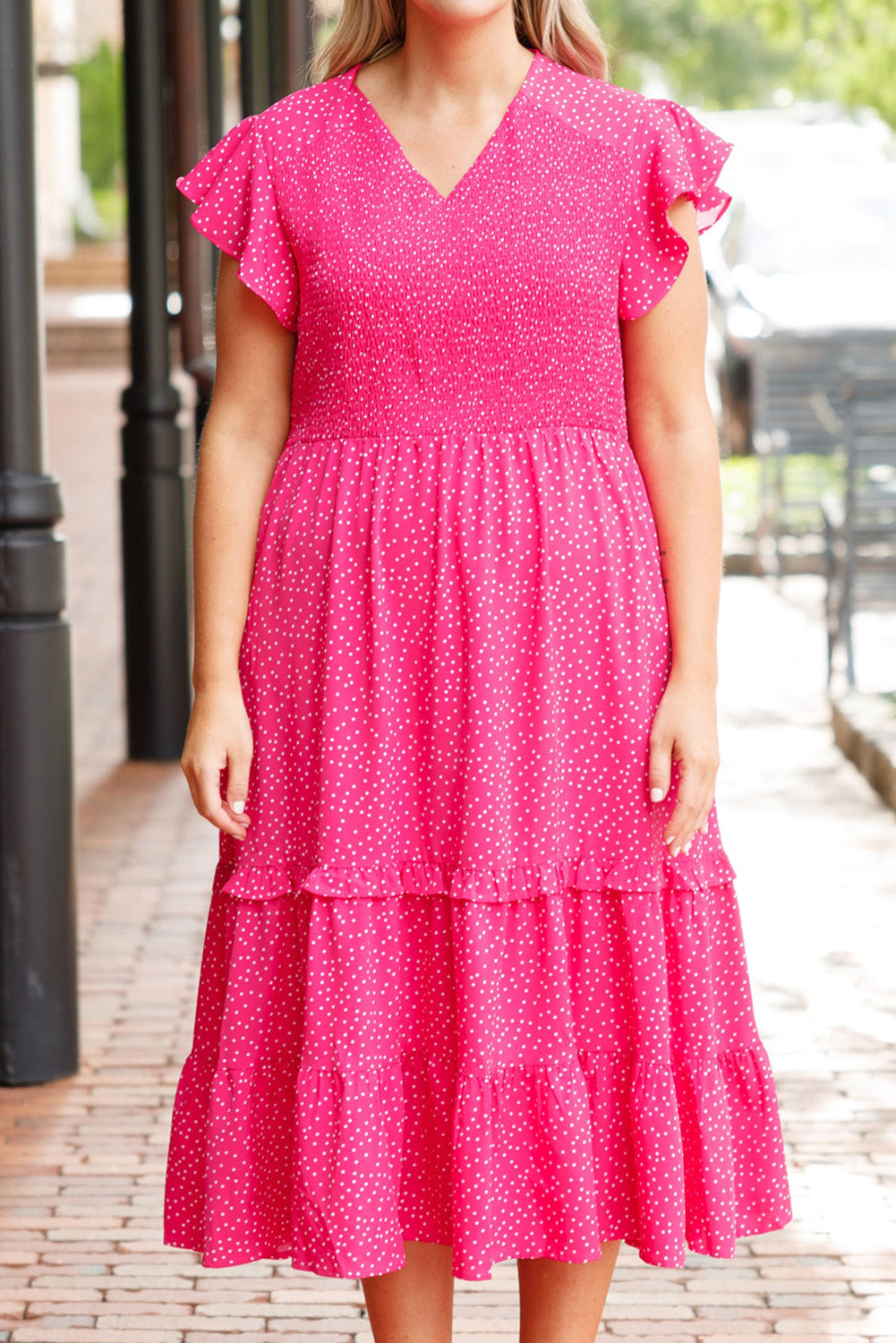 Plus Size Polka Dot Ruffled Smocked Midi Dress