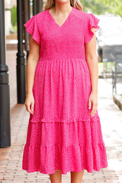 Plus Size Polka Dot Ruffled Smocked Midi Dress