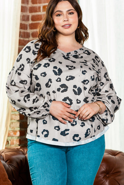 Plus Size Leopard Balloon Sleeve Thermal Top