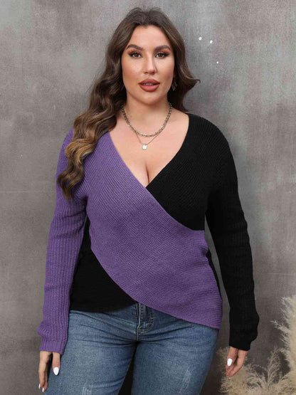 plus-size-two-tone-surplice-neck-sweater