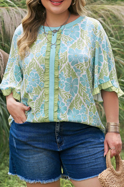 Plus Size Floral Frilled Color Block Trim Blouse - Plus Size XL-4XL - View 7