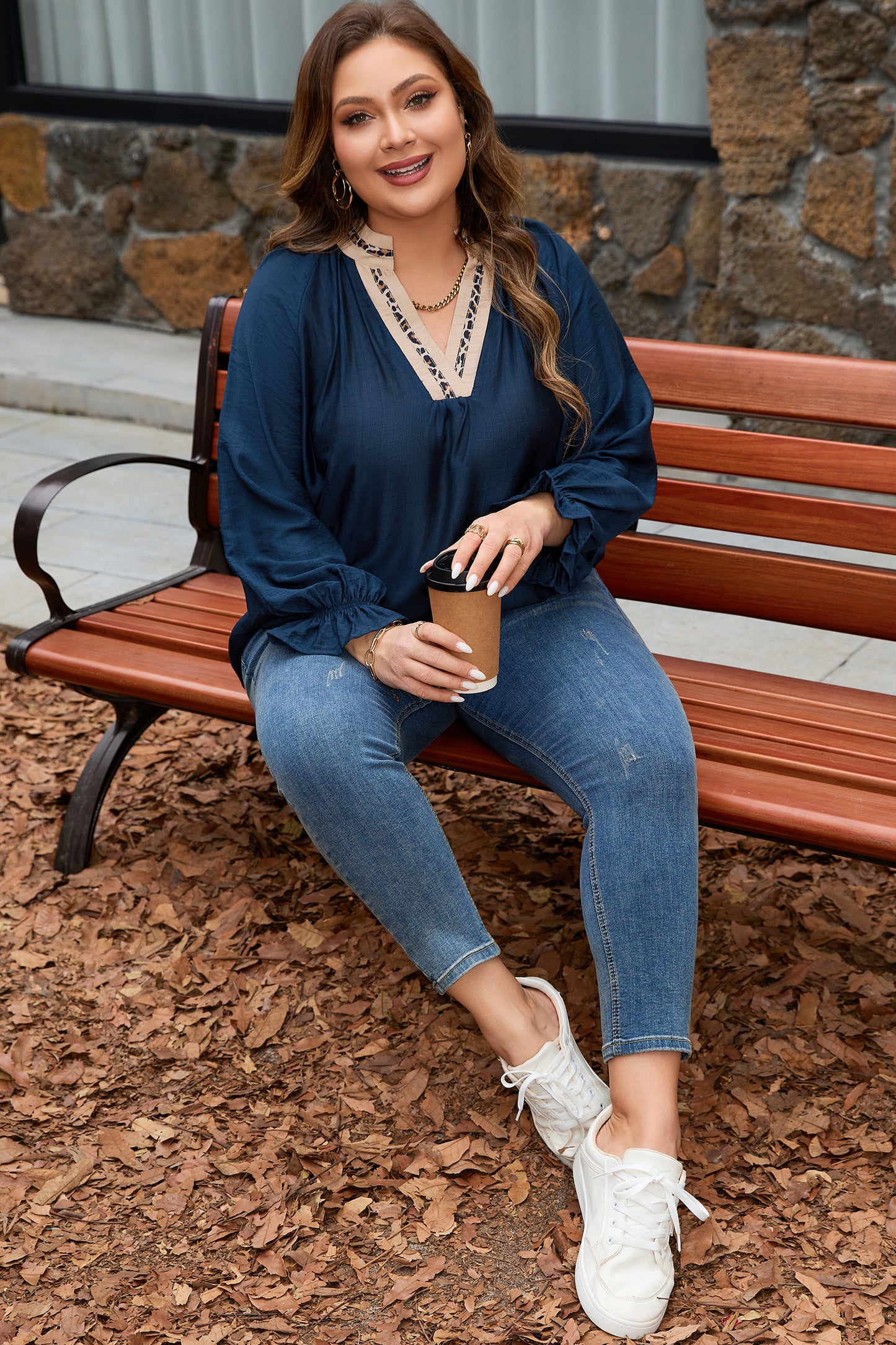 Plus Size Leopard Patchwork Collar Flounce Sleeve Blouse
