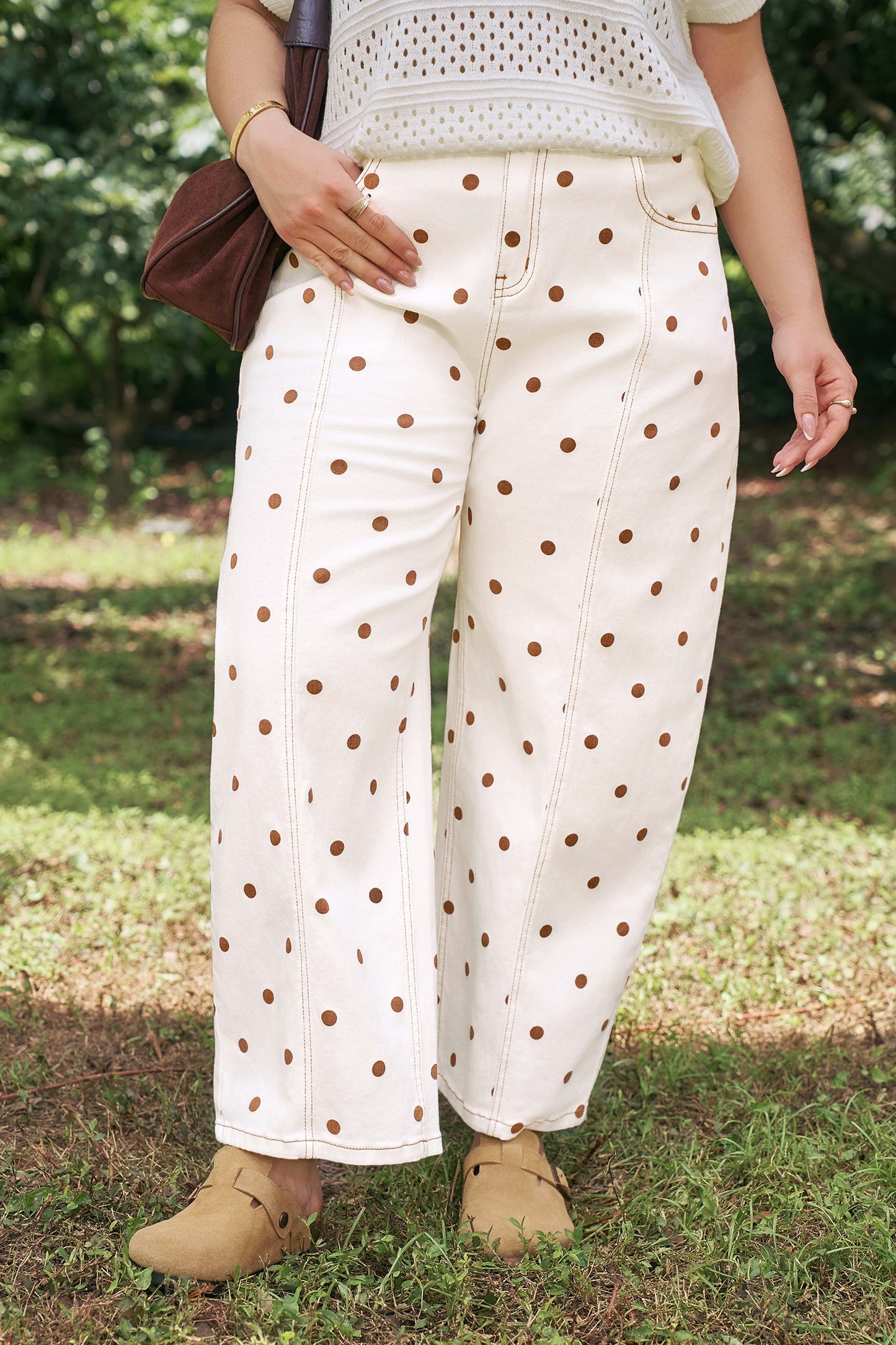 Plus Size Polka Dot Print Barrel Jeans — front view