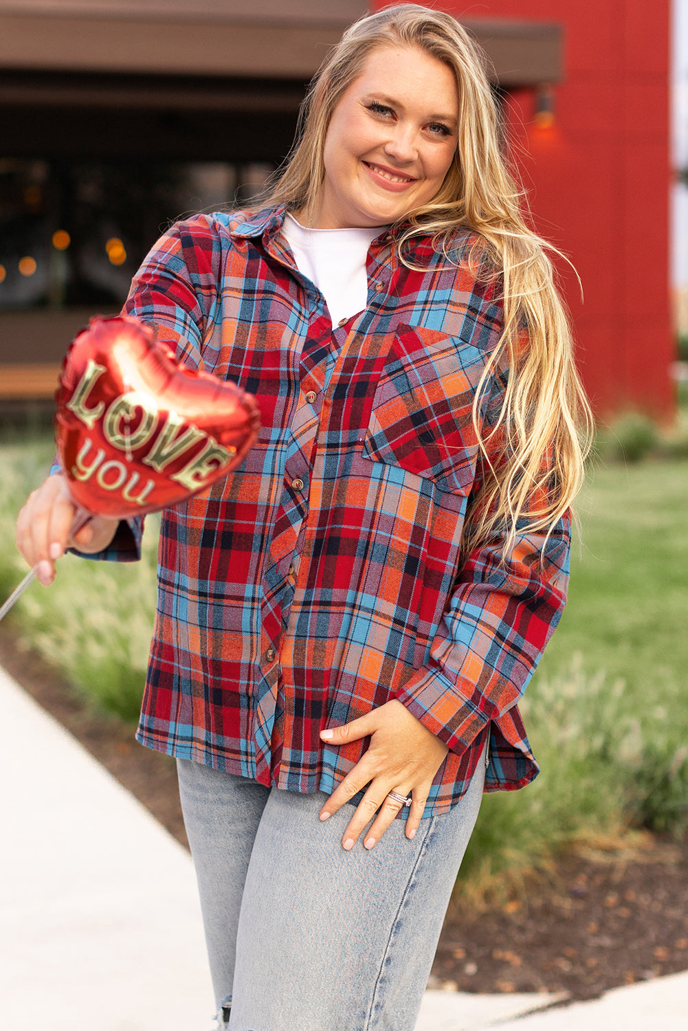 Plus Size Red Plaid Print Buttoned Shirt - Plus Size XL-4XL - View 4