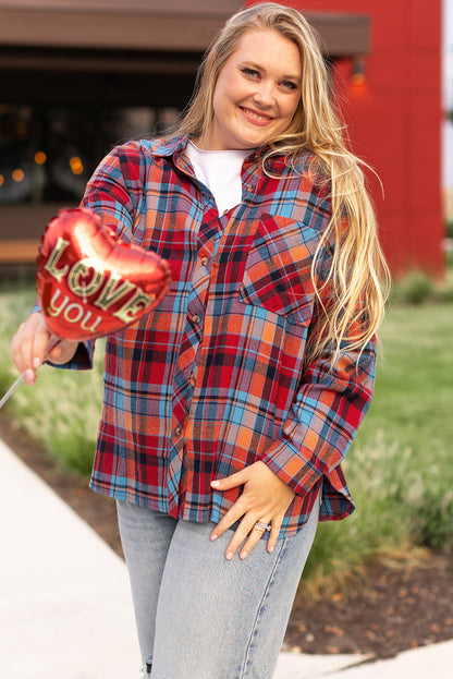 Plus Size Red Plaid Print Buttoned Shirt - Plus Size XL-4XL - View 4