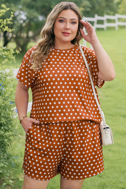 Plus Size Polka Dot Dropped Shoulder Tee Short Set - Plus Size XL-4XL - View 5