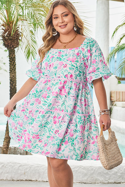 Plus Size Floral Ric-rac Trim Square Neck Mini Dress