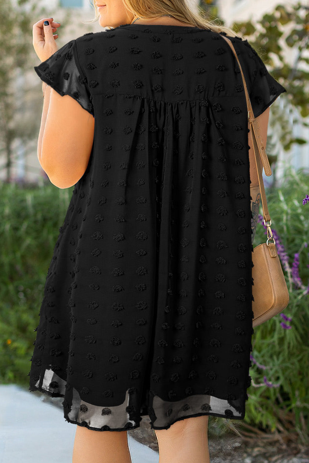 Plus Size Dotty Textured Notched Neck Ruffled Dress