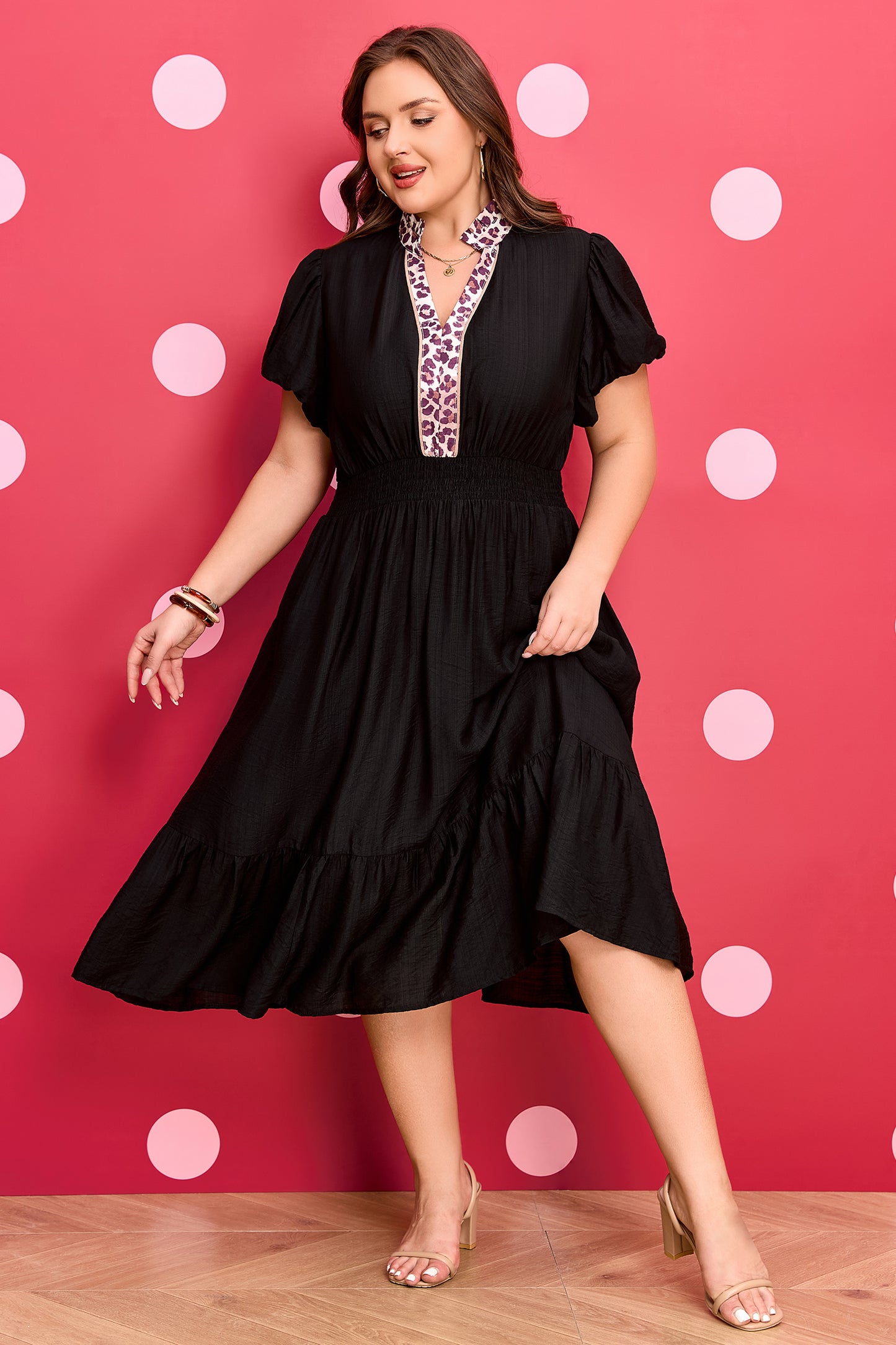 Plus Size Leopard V Neck Smocked Waist Ruffled Dress - Plus Size XL-4XL - View 5
