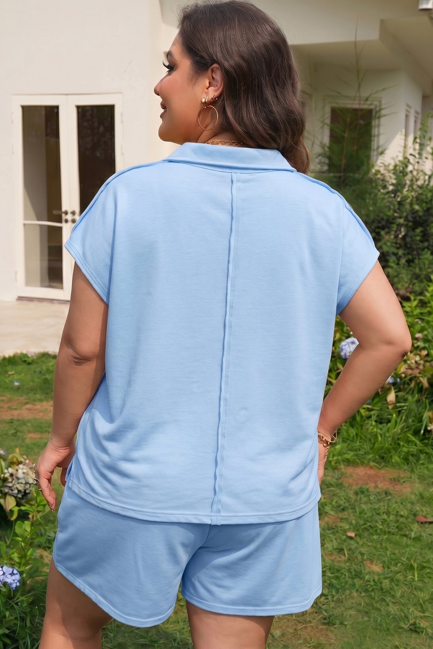 Plus Size Polo Tee & Elastic Waist Shorts Set
